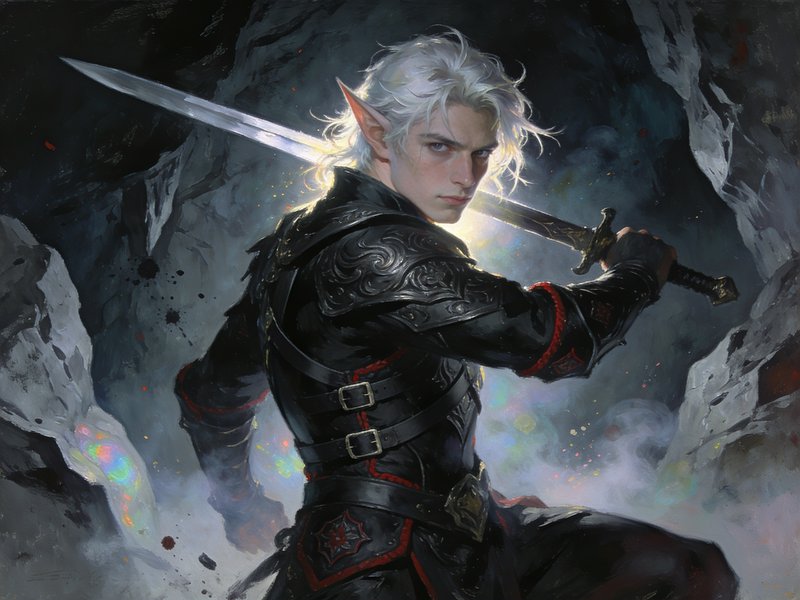 Male white-haired elf warrior in black engraved armor holds a drawn sword, facing the viewer in a...