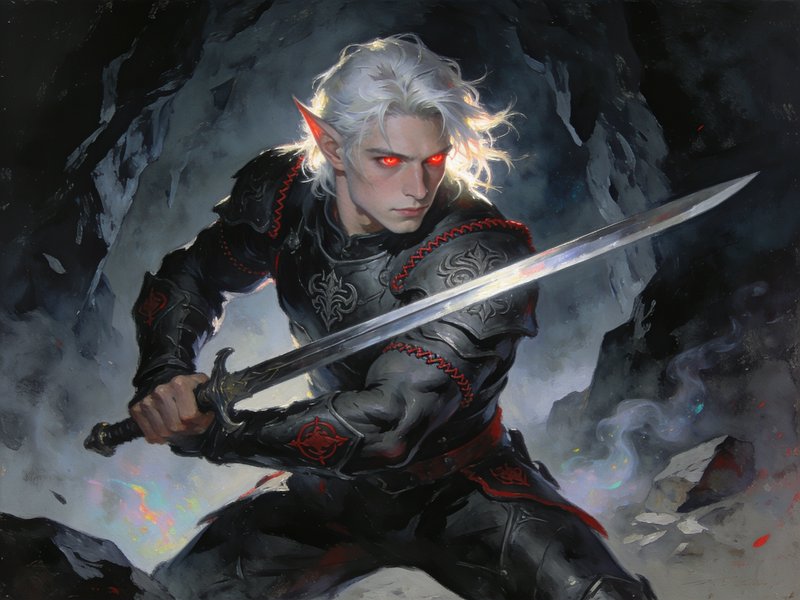 Male dark elf warrior with glowing red eyes holds a longsword in combat stance in a misty rocky cave