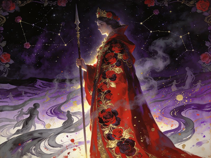 Crowned fantasy queen in a rose-embroidered red cloak holds a spear beneath a starry constellatio...