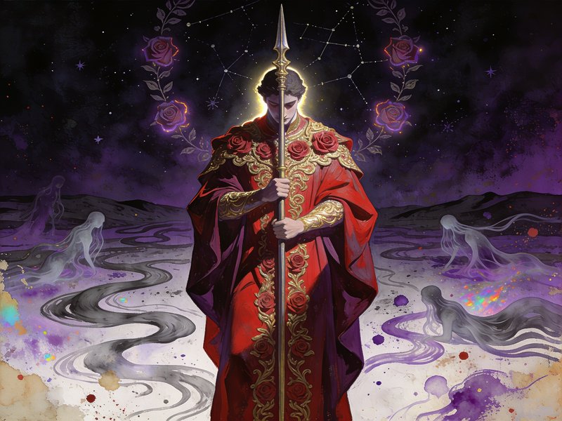 Haloed fantasy guardian in rose-adorned red robes holds a spear, standing in a surreal starry rea...