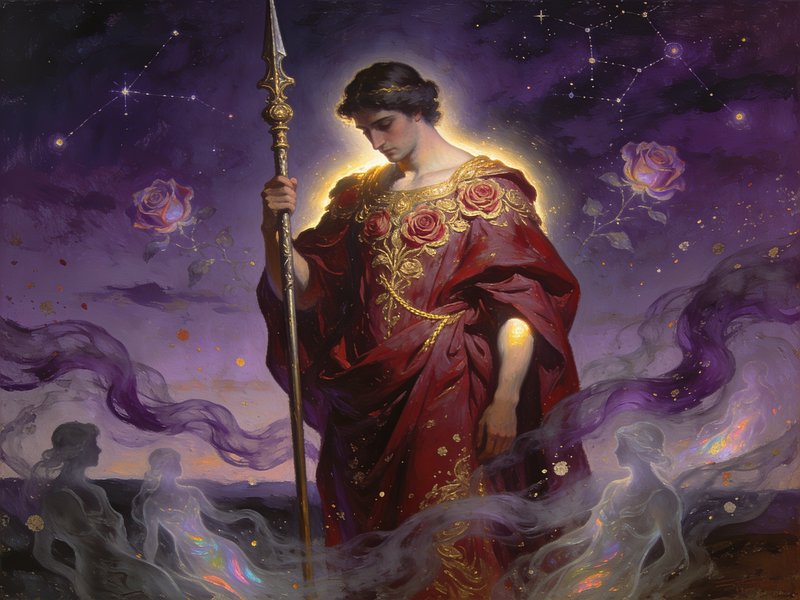 Haloed mythic male deity in rose-embroidered red robes holds a gilded spear, set against a starry...
