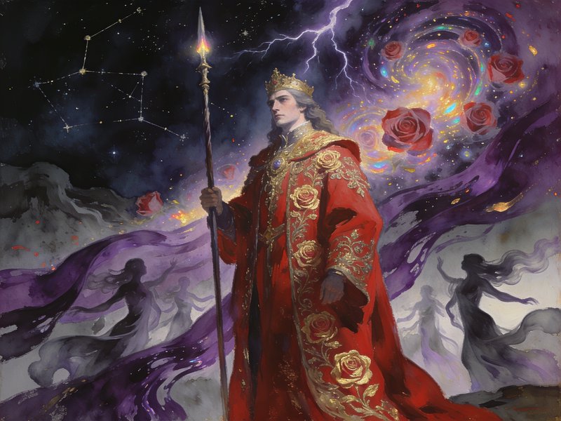 Regal crowned fantasy king in gold-embroidered red rose robes holds a glowing spear beneath a cos...