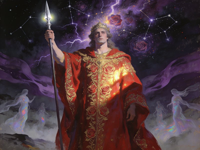 Regal fantasy king in ornate red rose robe holds a glowing spear, standing under a stormy cosmic ...