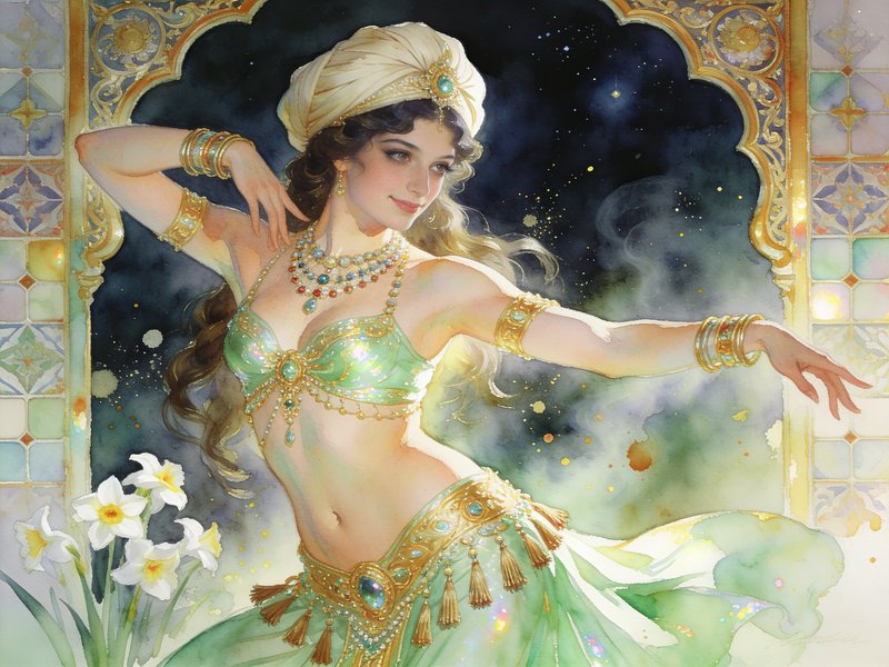 Watercolor of a graceful belly dancer in a beaded green and gold costume, framed by an ornate gil...