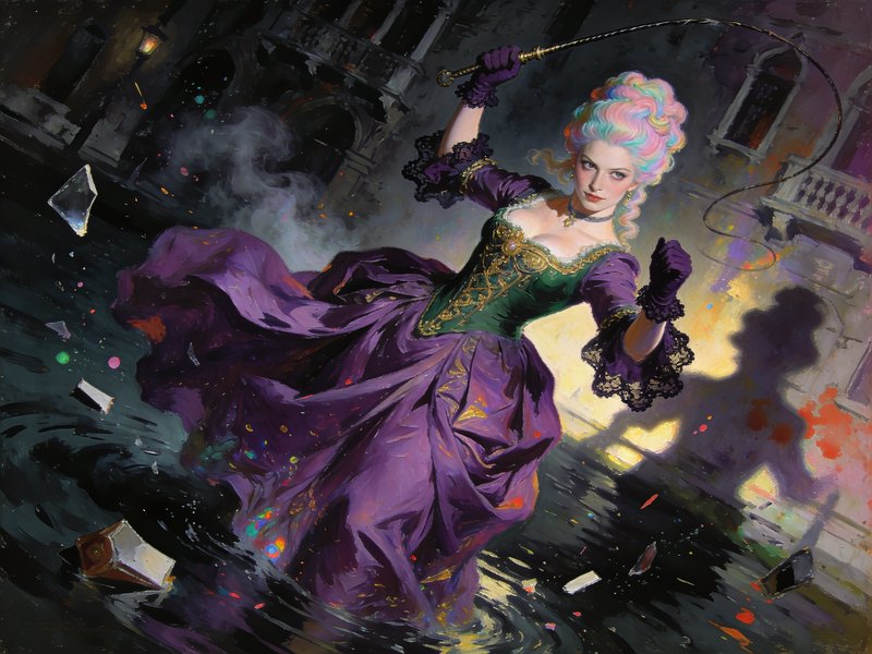 Dynamic rococo woman with pastel hair wields a whip while standing waist-deep in a flooded Veneti...