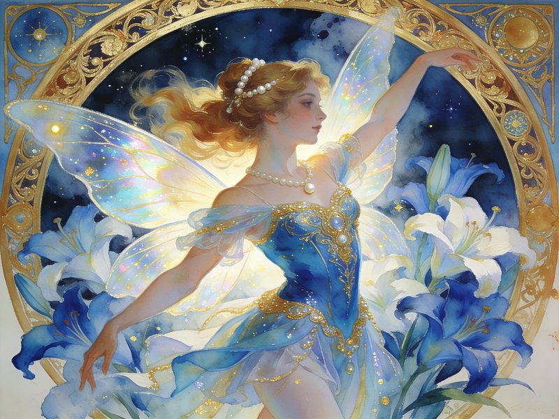 Ethereal dancing fairy with iridescent wings, blue and gold gown, framed by an ornate gilded bord...