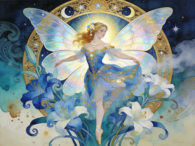 Ethereal fairy ballerina with iridescent gossamer wings stands en pointe, framed by a golden cele...