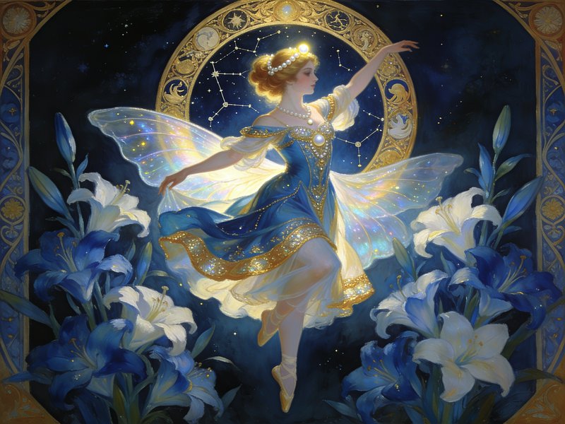 Ethereal winged fairy ballerina in blue and gold gown dances between lilies before an ornate cele...