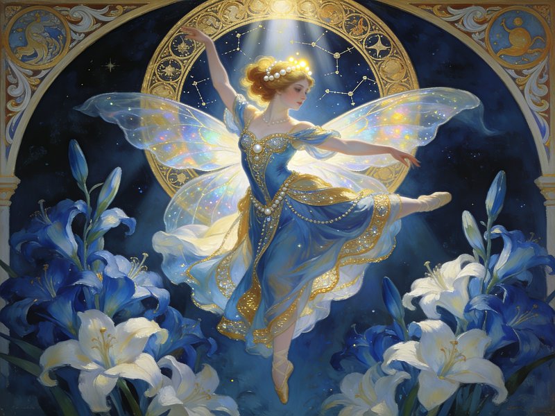 Ornate fantasy painting of a winged fairy ballerina dancing above blue and white lilies beneath a...