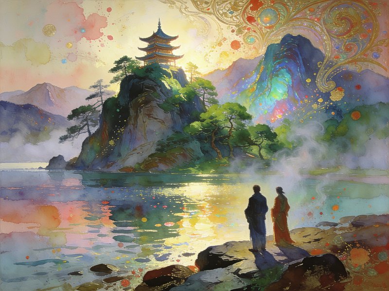 Watercolor fantasy landscape of two figures on a lakeshore viewing a cliffside pagoda under a mag...