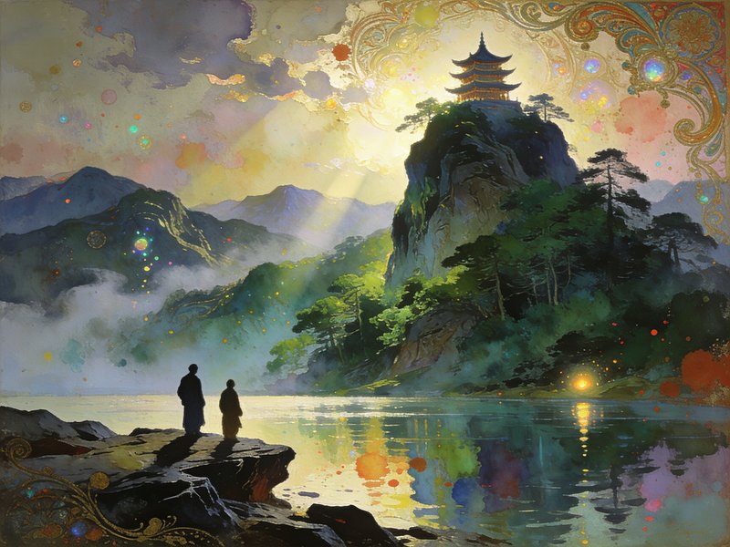 Ornate fantasy landscape of two robed figures on a rocky lakeshore gazing at a cliffside pagoda u...