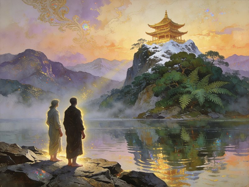 Two glowing robed figures stand on a rocky lakeshore gazing at a golden pagoda atop a misty snow-...