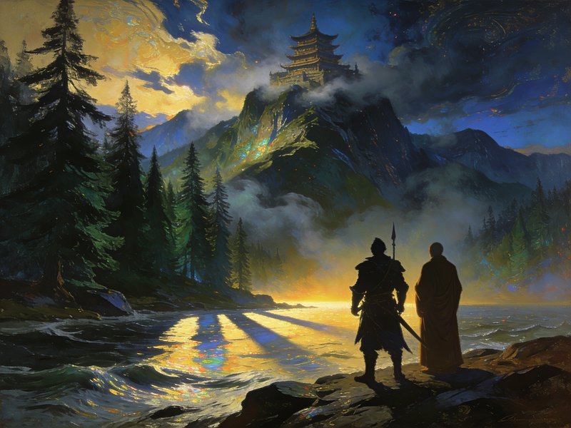 Silhouetted warrior and monk stand on a rocky shore gazing at a misty mountain pagoda under a dra...