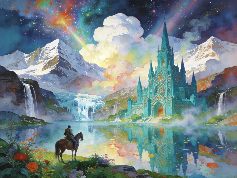 Armored knight on horseback gazes at an ornate turquoise fantasy castle across a reflective mount...