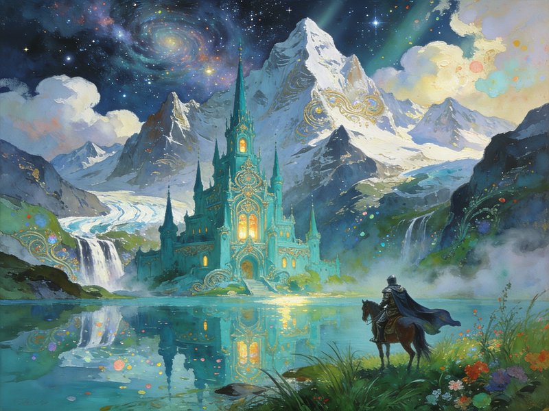 Armored knight on horseback gazes across a still lake at a glowing ornate turquoise fantasy castl...