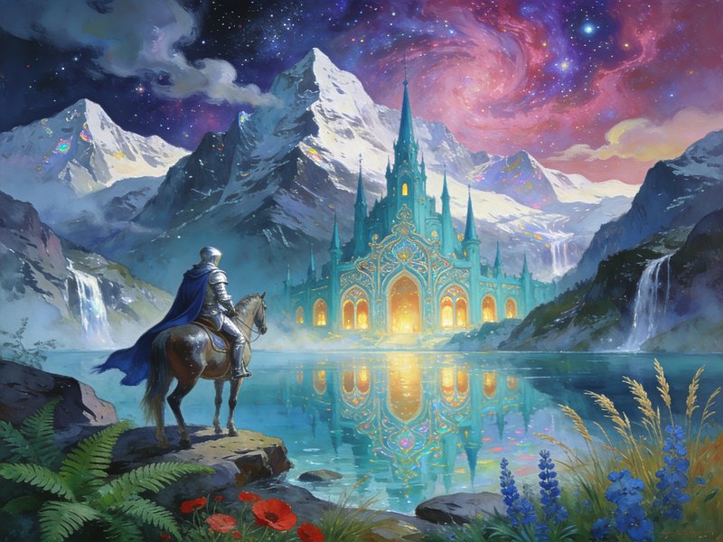 Armored knight on horseback overlooks glowing turquoise fantasy castle across a still mountain la...