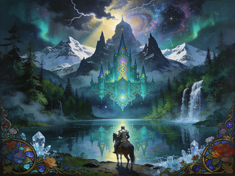 Armored knight on horseback faces a glowing floating fantasy castle above a mountain lake under c...
