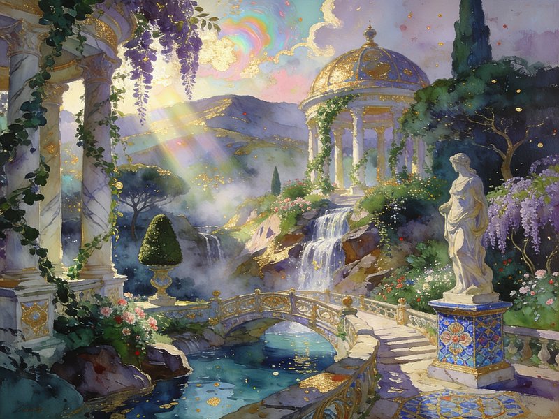 Watercolor fantasy enchanted classical garden with gilded gazebo, waterfall, wisteria vines, marb...