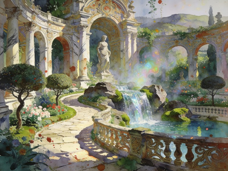 Watercolor of an ornate baroque palace garden with a cascading waterfall, classical statue, and s...