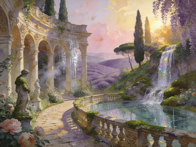 Ornate classical enchanted garden terrace with waterfall, reflecting pool, statues, lavender fiel...