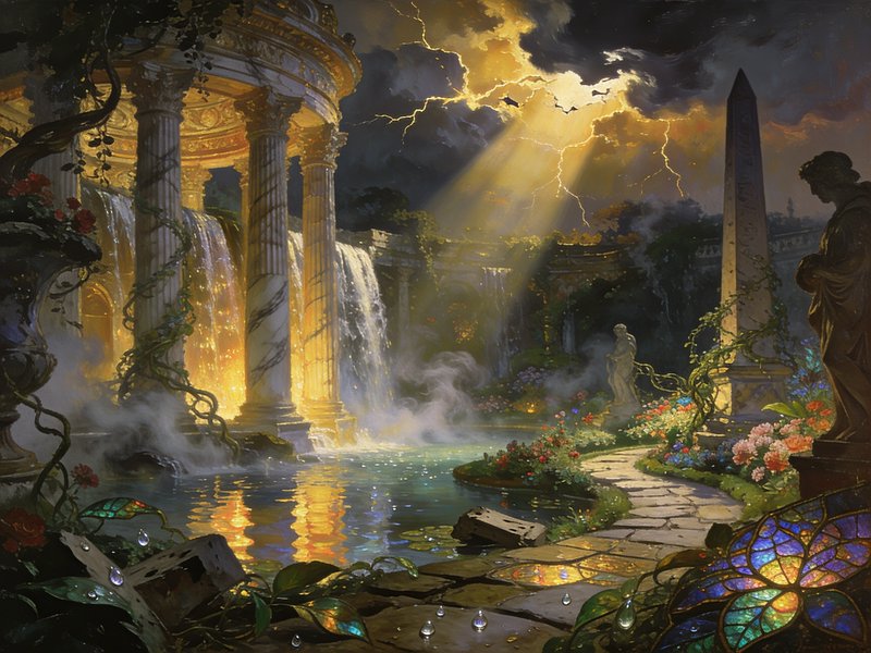 Surreal fantasy ancient garden scene with columned temple waterfall, golden sunbeams and lightnin...