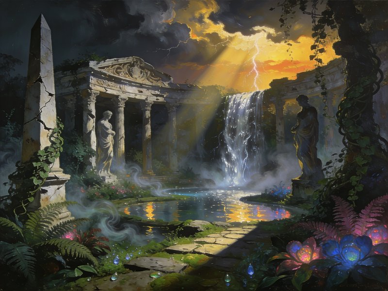Overgrown ancient classical temple ruins with waterfall, lightning storm, glowing magical flora a...