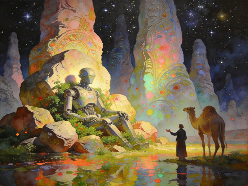 Surreal fantasy painting: resting retro robot, robed traveler with camel, glowing spires under st...