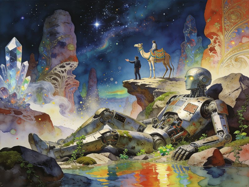 Watercolor fantasy scene: weathered giant rusted robot rests, travelers with camel overlook glowi...