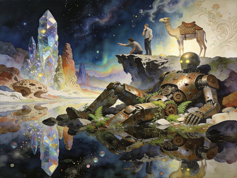 Surreal alien landscape with overgrown rusted steampunk robot, explorers, glowing crystals, and s...