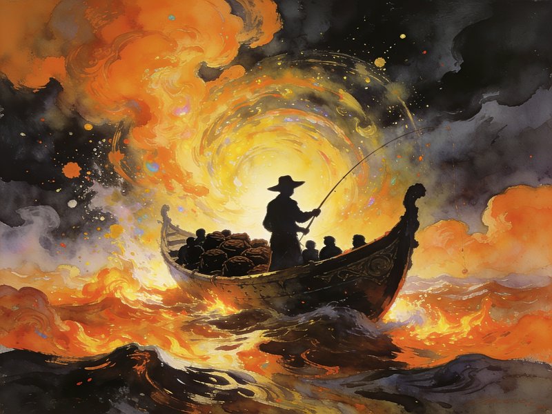 Silhouetted fisherman with a rod stands in an ornate wooden boat navigating glowing fiery waves u...