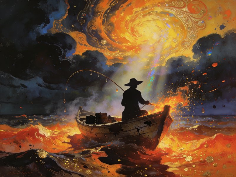 Silhouetted lone fisherman in a small wooden boat fishes beneath a swirling fiery golden vortex s...