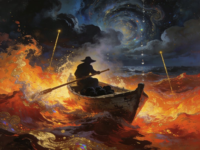 Silhouetted hooded rower navigates a wooden boat through fiery storm waves under a swirling cosmi...
