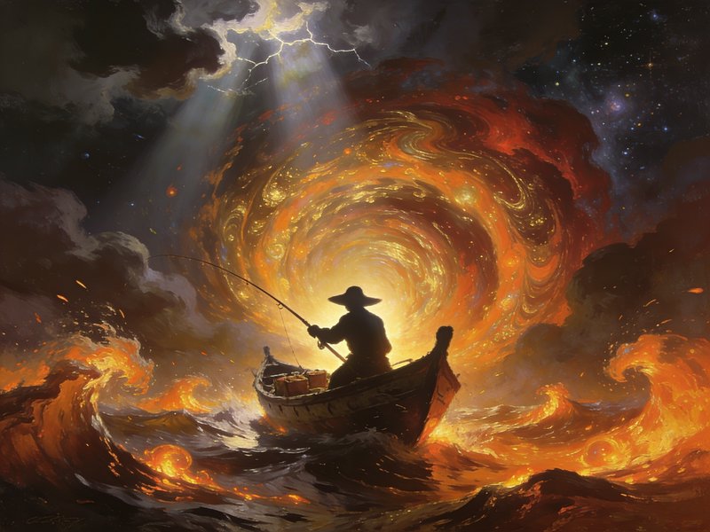 Silhouetted fisherman in a small rowboat fishes on glowing fiery waves, beneath a swirling golden...