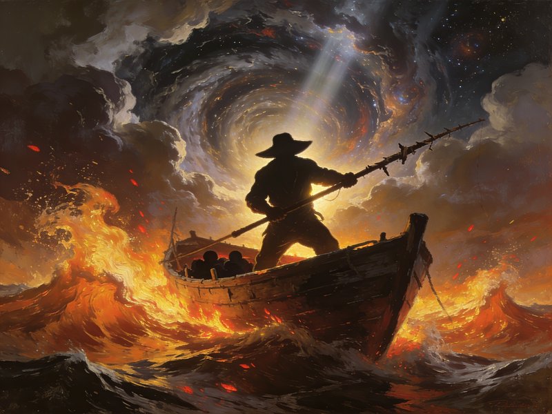 Silhouetted wide-hatted sailor rows a wooden boat through fiery storm waves under a swirling cosm...