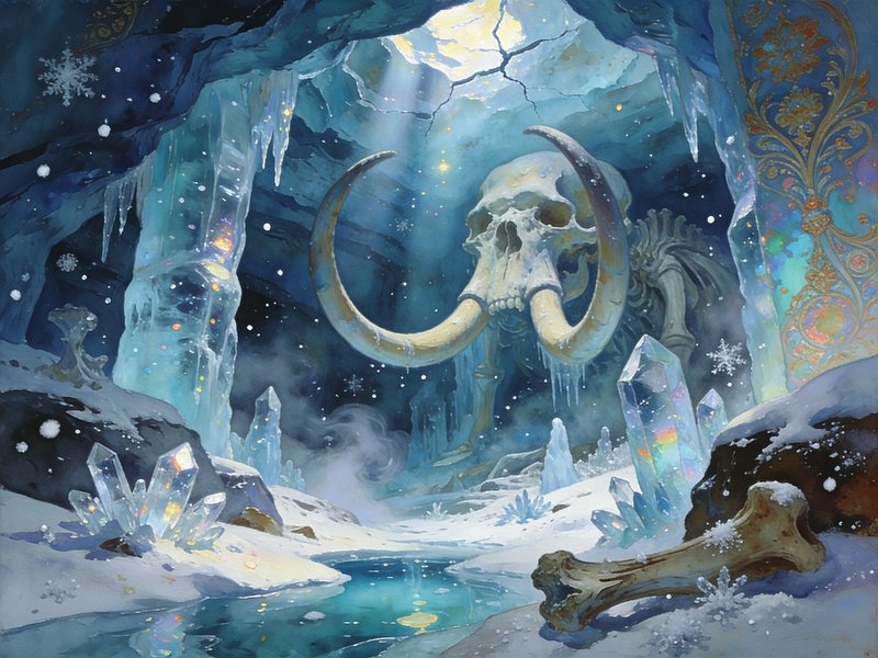 Ethereal watercolor of a frozen ice cave holding a massive woolly mammoth skeleton, glowing cryst...