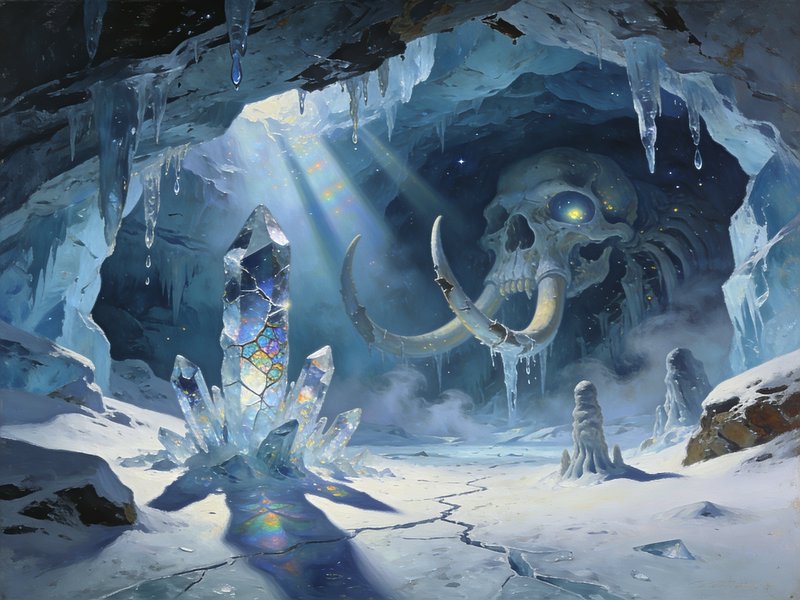 Fantasy frozen ice cave interior with giant woolly mammoth skeleton, glowing iridescent crystal c...