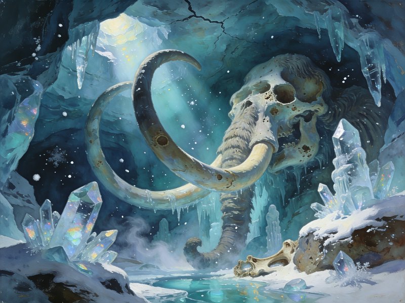 Massive fossilized woolly mammoth skull with curved tusks rests inside a glowing icy cave lined w...