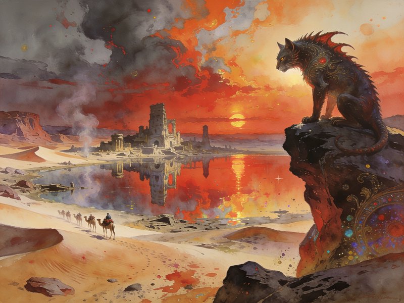 Fantasy watercolor of spiked mythical desert beast perched on cliff, overlooking oasis ruins and ...