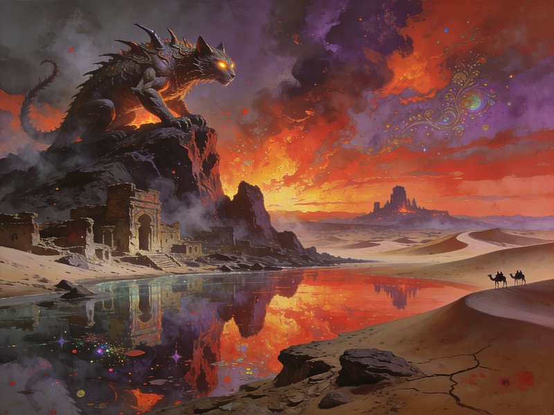 Armored glowing-eyed feline fantasy beast perches on cliff above desert oasis ruins under a vivid...