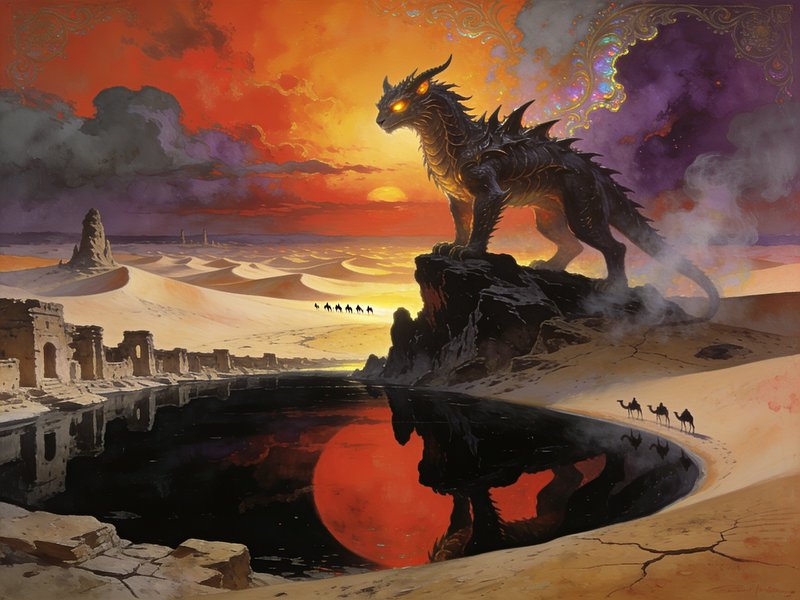 Armored dark desert dragon with glowing golden eyes perches on a cliff above an oasis, under a dr...