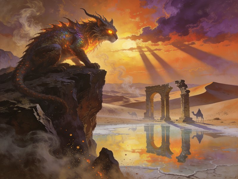 Mythical scaled feline dragon with glowing eyes perches on a cliff overlooking desert ruins at vi...