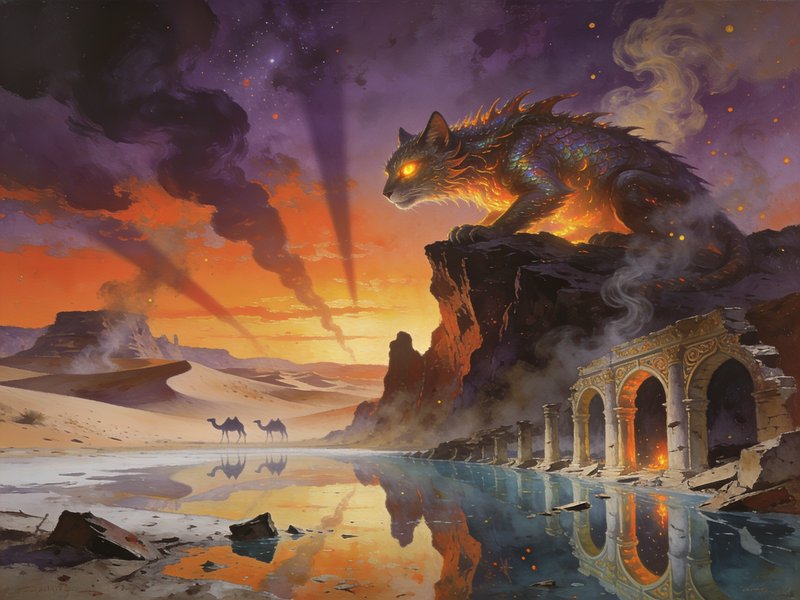 Mythical glowing fire-eyed feline beast perches on cliff above a desert oasis and ancient ruins a...