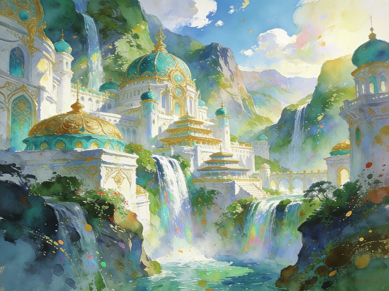 Watercolor illustration of an ornate gilded fantasy palace with turquoise domes, built into a mou...
