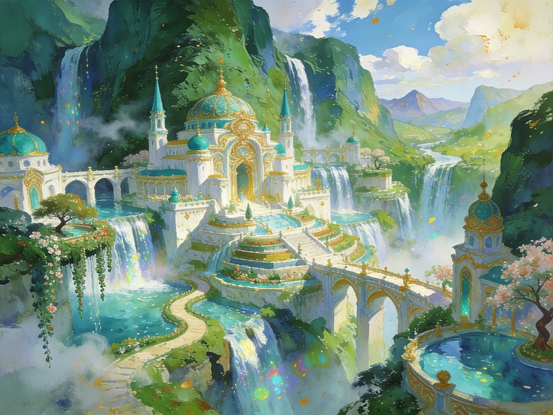 Ornate fairytale palace with turquoise gilded domes sits amid cascading waterfalls and lush green...