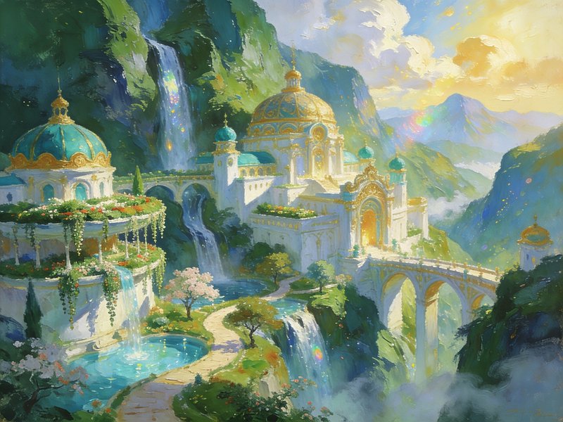 Impressionist fantasy painting of an ornate domed palace with waterfalls and hanging gardens in a...