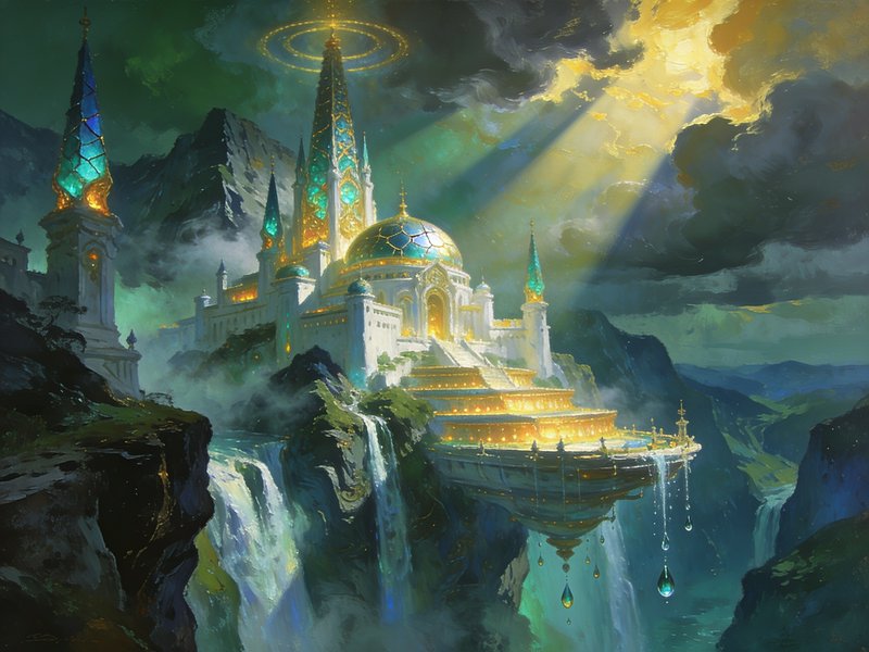 Magical floating fantasy palace with glowing spires, golden halo, sunbeams, and waterfalls set in...