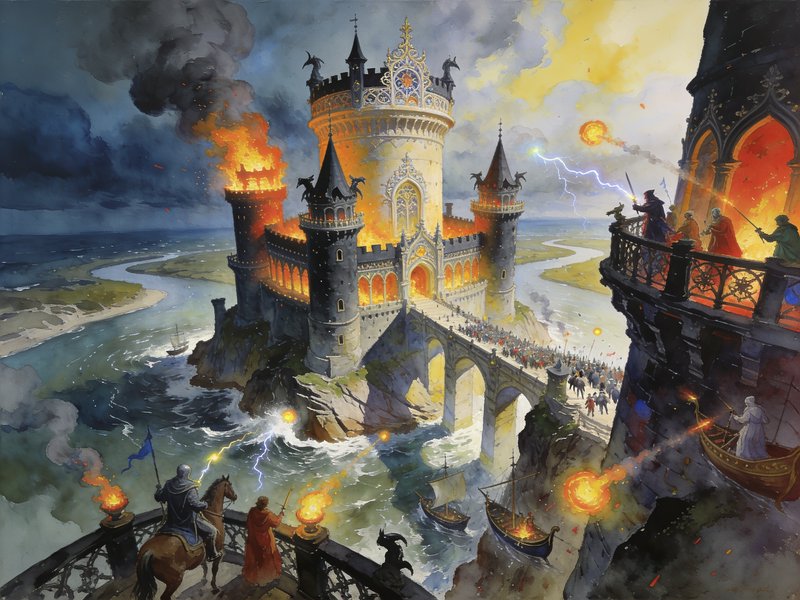 Dramatic watercolor fantasy art of a burning coastal castle under magical siege from opposing tow...