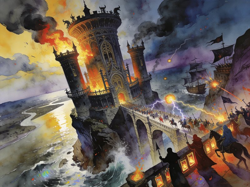 Watercolor fantasy illustration of a burning coastal castle under siege, with battle, magic attac...