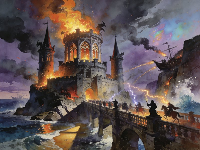 Watercolor fantasy illustration of a burning cliffside castle under dragon siege, with soldiers, ...