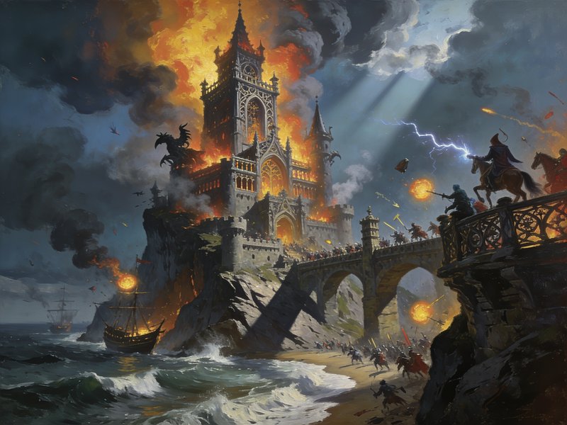 Dramatic fantasy siege artwork of a burning cliffside gothic castle, with fighting armies, dragon...